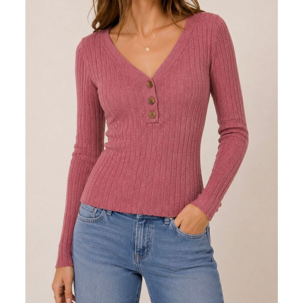 Sundance Pink Ribbed Henley Sweater Top Medium Boho Cottagecore